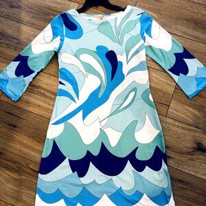 Parisou Dress Womens X-Small Blue White Print Straight Dress lightweight EUC